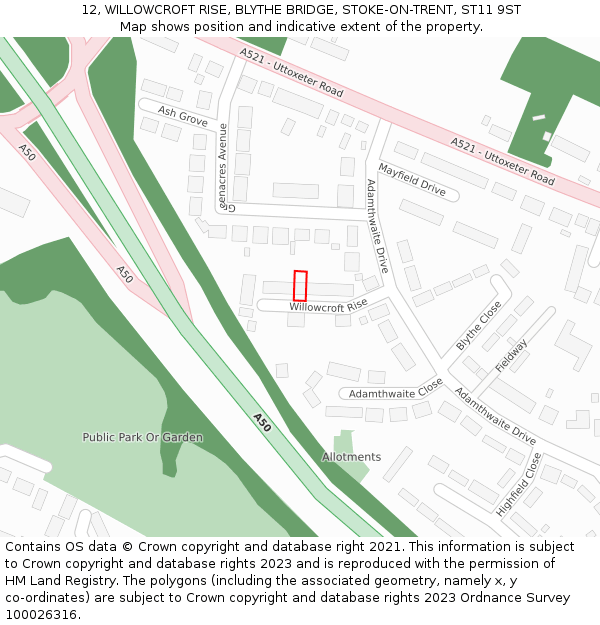12, WILLOWCROFT RISE, BLYTHE BRIDGE, STOKE-ON-TRENT, ST11 9ST: Location map and indicative extent of plot