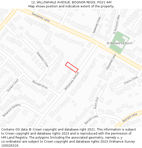 12, WILLOWHALE AVENUE, BOGNOR REGIS, PO21 4AY: Location map and indicative extent of plot