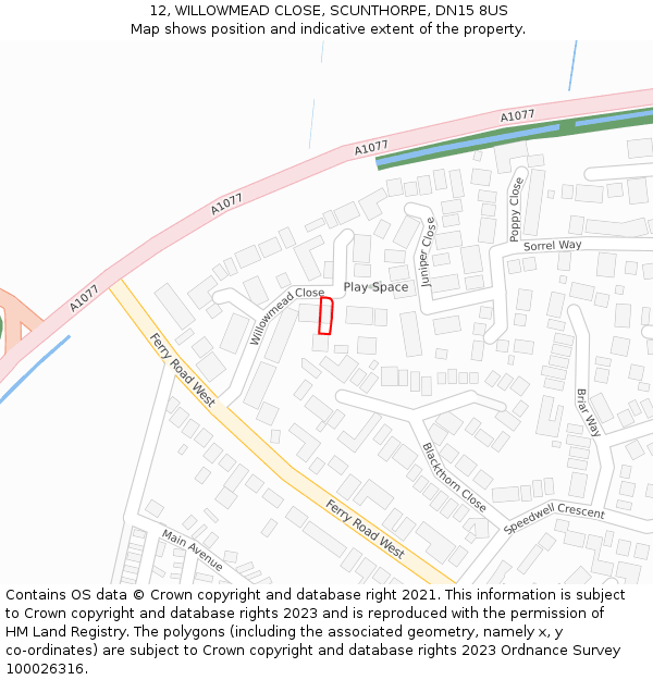 12, WILLOWMEAD CLOSE, SCUNTHORPE, DN15 8US: Location map and indicative extent of plot