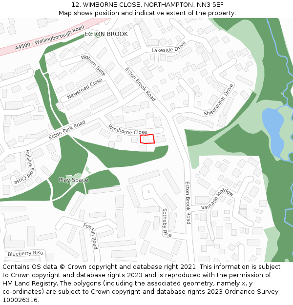 12, WIMBORNE CLOSE, NORTHAMPTON, NN3 5EF: Location map and indicative extent of plot