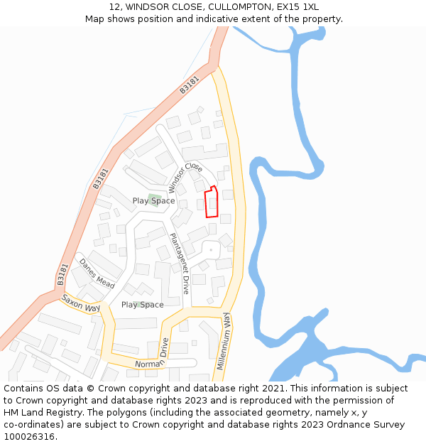 12, WINDSOR CLOSE, CULLOMPTON, EX15 1XL: Location map and indicative extent of plot