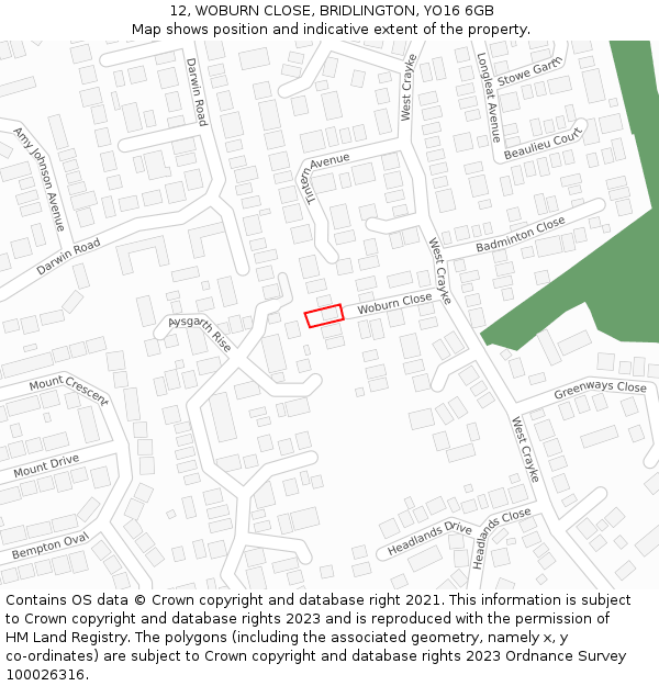 12, WOBURN CLOSE, BRIDLINGTON, YO16 6GB: Location map and indicative extent of plot