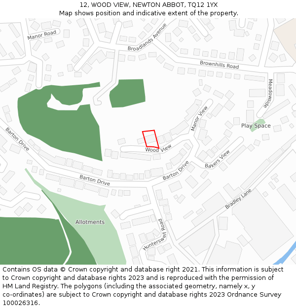 12, WOOD VIEW, NEWTON ABBOT, TQ12 1YX: Location map and indicative extent of plot