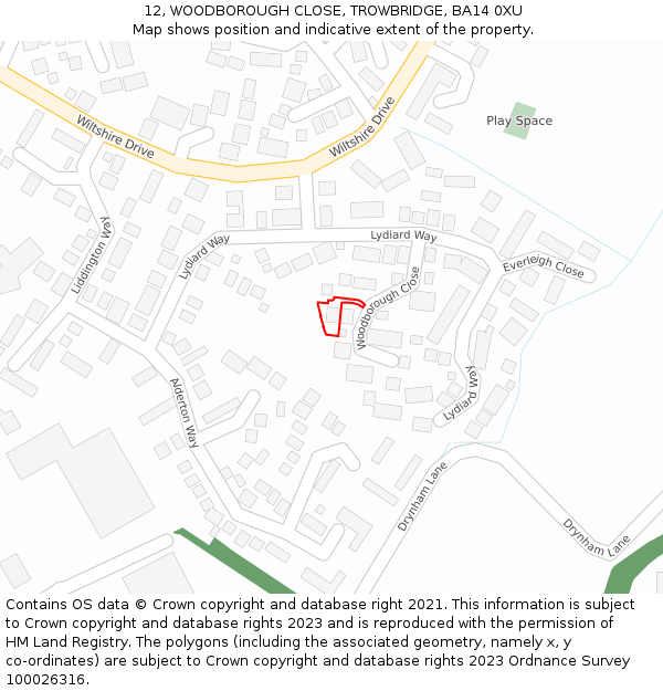 12, WOODBOROUGH CLOSE, TROWBRIDGE, BA14 0XU: Location map and indicative extent of plot