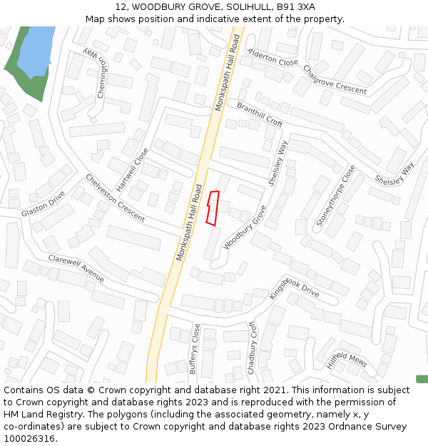 12, WOODBURY GROVE, SOLIHULL, B91 3XA: Location map and indicative extent of plot