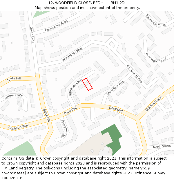 12, WOODFIELD CLOSE, REDHILL, RH1 2DL: Location map and indicative extent of plot