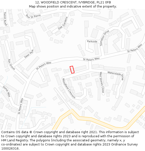 12, WOODFIELD CRESCENT, IVYBRIDGE, PL21 0FB: Location map and indicative extent of plot