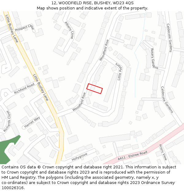 12, WOODFIELD RISE, BUSHEY, WD23 4QS: Location map and indicative extent of plot