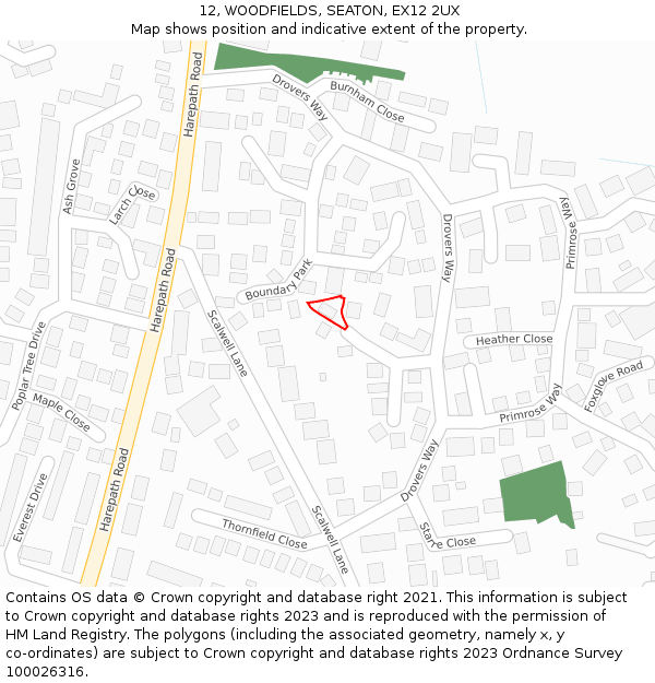 12, WOODFIELDS, SEATON, EX12 2UX: Location map and indicative extent of plot