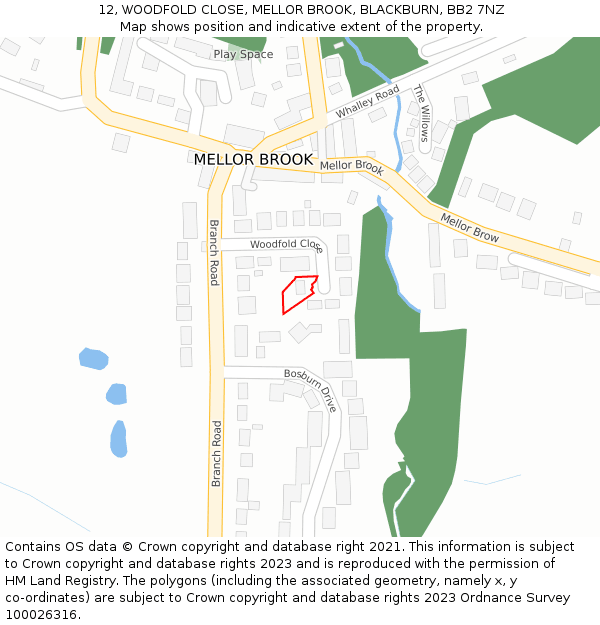 12, WOODFOLD CLOSE, MELLOR BROOK, BLACKBURN, BB2 7NZ: Location map and indicative extent of plot