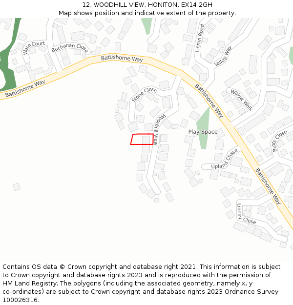 12, WOODHILL VIEW, HONITON, EX14 2GH: Location map and indicative extent of plot