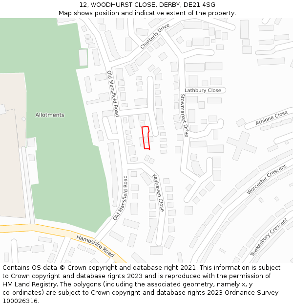 12, WOODHURST CLOSE, DERBY, DE21 4SG: Location map and indicative extent of plot
