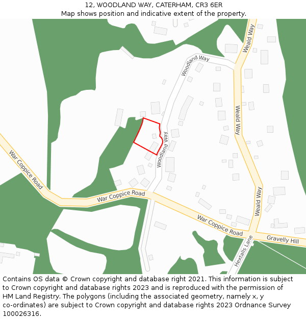 12, WOODLAND WAY, CATERHAM, CR3 6ER: Location map and indicative extent of plot