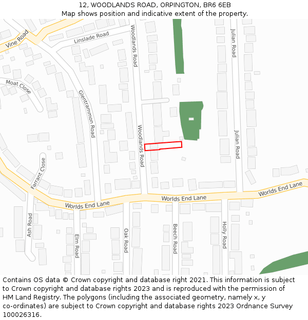 12, WOODLANDS ROAD, ORPINGTON, BR6 6EB: Location map and indicative extent of plot