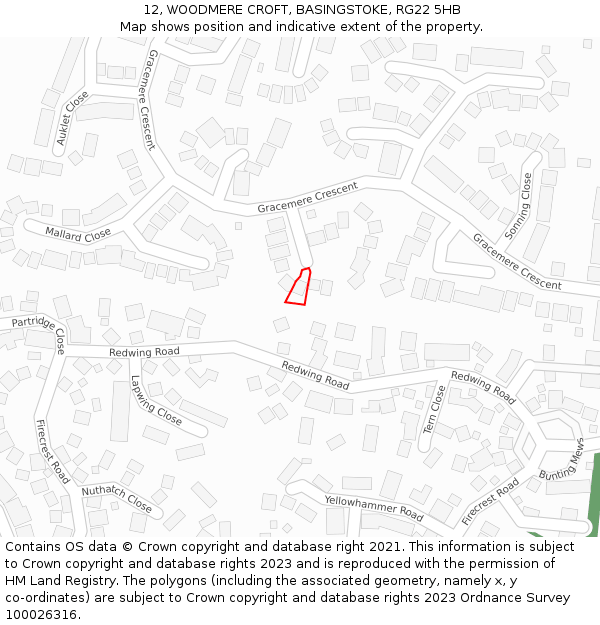 12, WOODMERE CROFT, BASINGSTOKE, RG22 5HB: Location map and indicative extent of plot