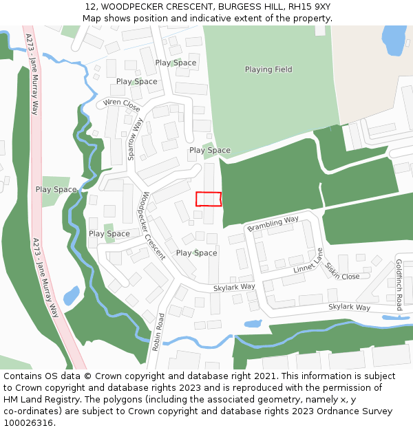 12, WOODPECKER CRESCENT, BURGESS HILL, RH15 9XY: Location map and indicative extent of plot