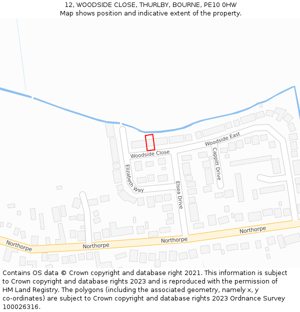 12, WOODSIDE CLOSE, THURLBY, BOURNE, PE10 0HW: Location map and indicative extent of plot