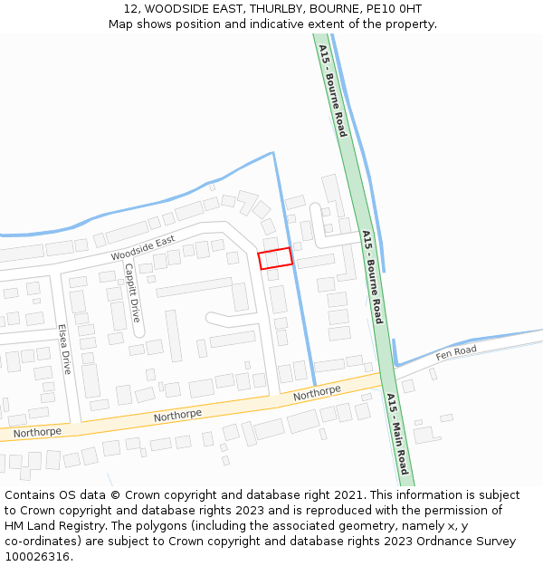 12, WOODSIDE EAST, THURLBY, BOURNE, PE10 0HT: Location map and indicative extent of plot