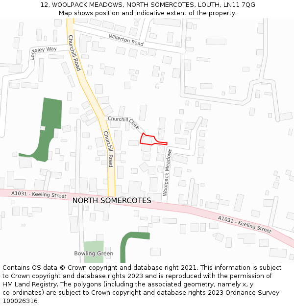 12, WOOLPACK MEADOWS, NORTH SOMERCOTES, LOUTH, LN11 7QG: Location map and indicative extent of plot