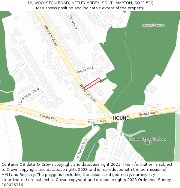 12, WOOLSTON ROAD, NETLEY ABBEY, SOUTHAMPTON, SO31 5FQ: Location map and indicative extent of plot