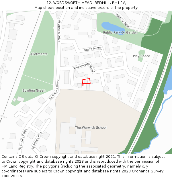 12, WORDSWORTH MEAD, REDHILL, RH1 1AJ: Location map and indicative extent of plot