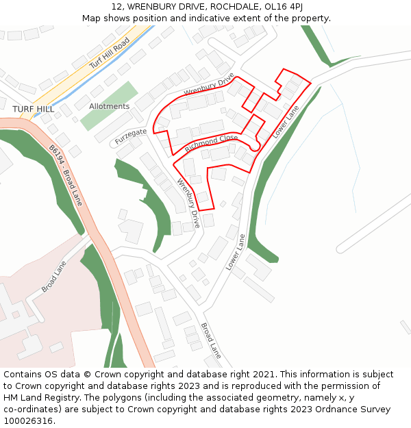 12, WRENBURY DRIVE, ROCHDALE, OL16 4PJ: Location map and indicative extent of plot