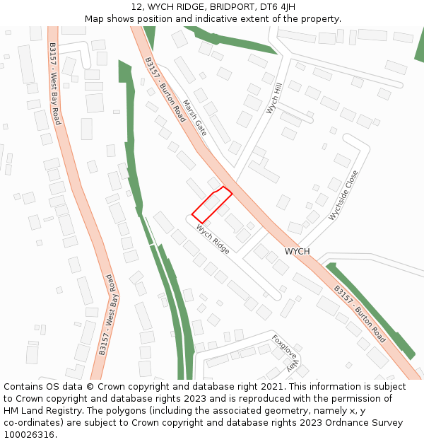 12, WYCH RIDGE, BRIDPORT, DT6 4JH: Location map and indicative extent of plot