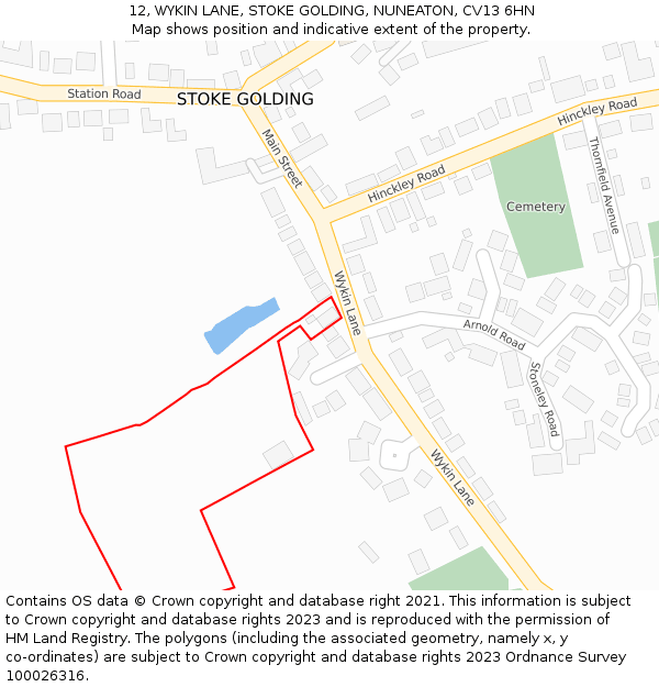 12, WYKIN LANE, STOKE GOLDING, NUNEATON, CV13 6HN: Location map and indicative extent of plot