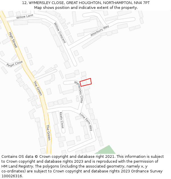 12, WYMERSLEY CLOSE, GREAT HOUGHTON, NORTHAMPTON, NN4 7PT: Location map and indicative extent of plot