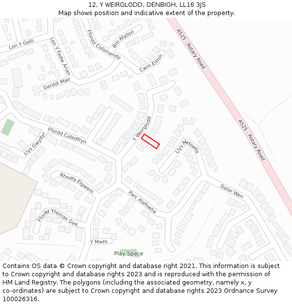 12, Y WEIRGLODD, DENBIGH, LL16 3JS: Location map and indicative extent of plot