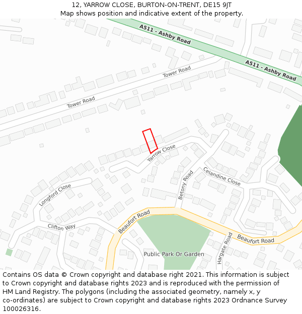 12, YARROW CLOSE, BURTON-ON-TRENT, DE15 9JT: Location map and indicative extent of plot