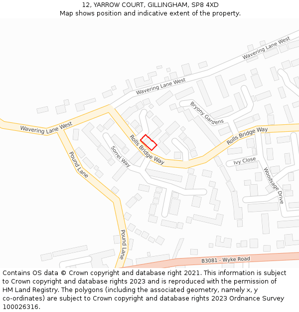 12, YARROW COURT, GILLINGHAM, SP8 4XD: Location map and indicative extent of plot