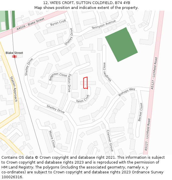 12, YATES CROFT, SUTTON COLDFIELD, B74 4YB: Location map and indicative extent of plot