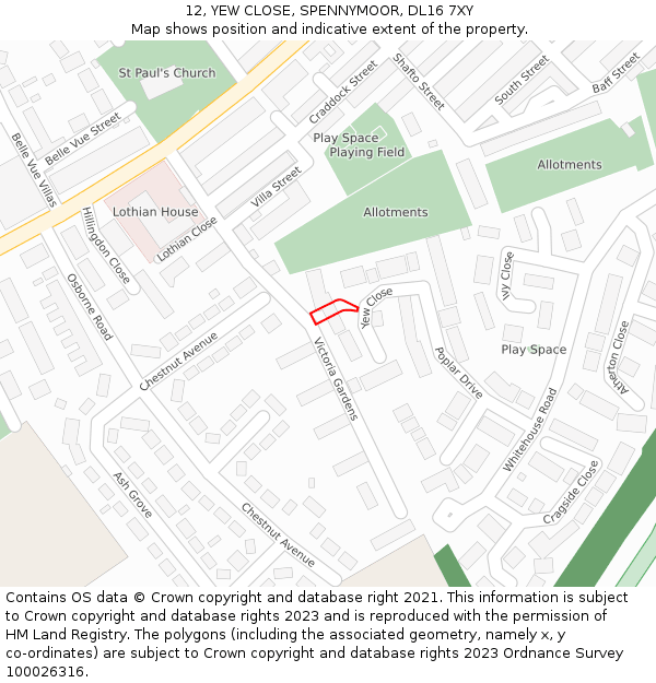 12, YEW CLOSE, SPENNYMOOR, DL16 7XY: Location map and indicative extent of plot