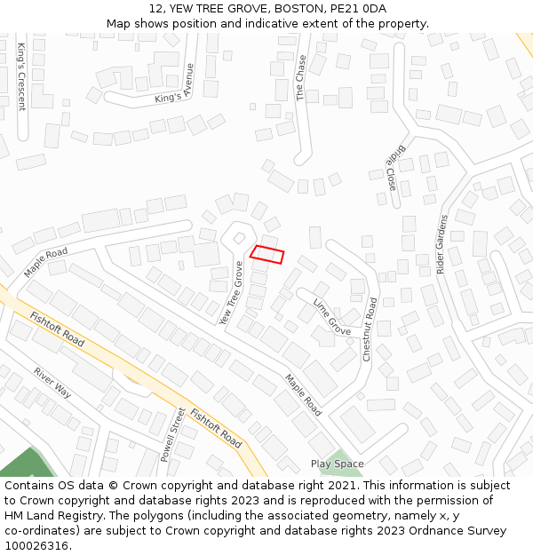 12, YEW TREE GROVE, BOSTON, PE21 0DA: Location map and indicative extent of plot