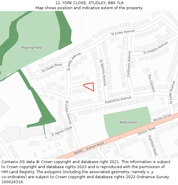 12, YORK CLOSE, STUDLEY, B80 7LA: Location map and indicative extent of plot