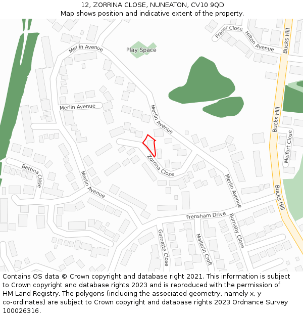 12, ZORRINA CLOSE, NUNEATON, CV10 9QD: Location map and indicative extent of plot