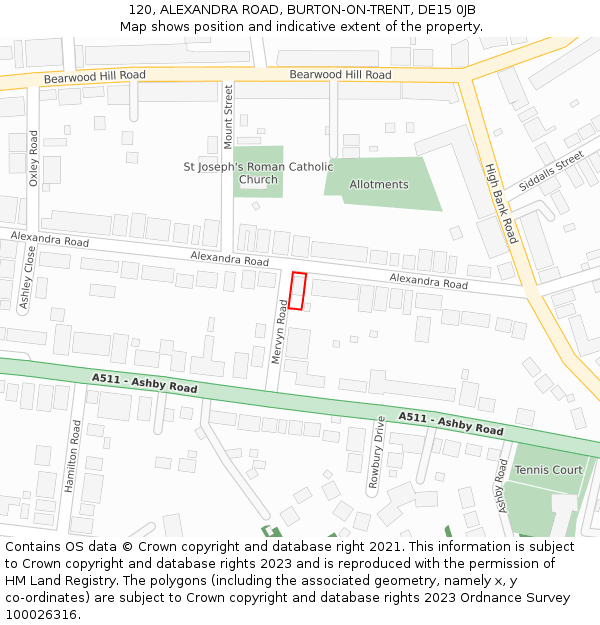 120, ALEXANDRA ROAD, BURTON-ON-TRENT, DE15 0JB: Location map and indicative extent of plot