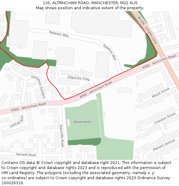 120, ALTRINCHAM ROAD, MANCHESTER, M22 4US: Location map and indicative extent of plot