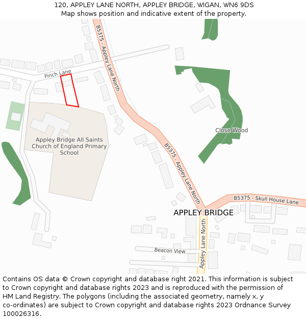 120, APPLEY LANE NORTH, APPLEY BRIDGE, WIGAN, WN6 9DS: Location map and indicative extent of plot