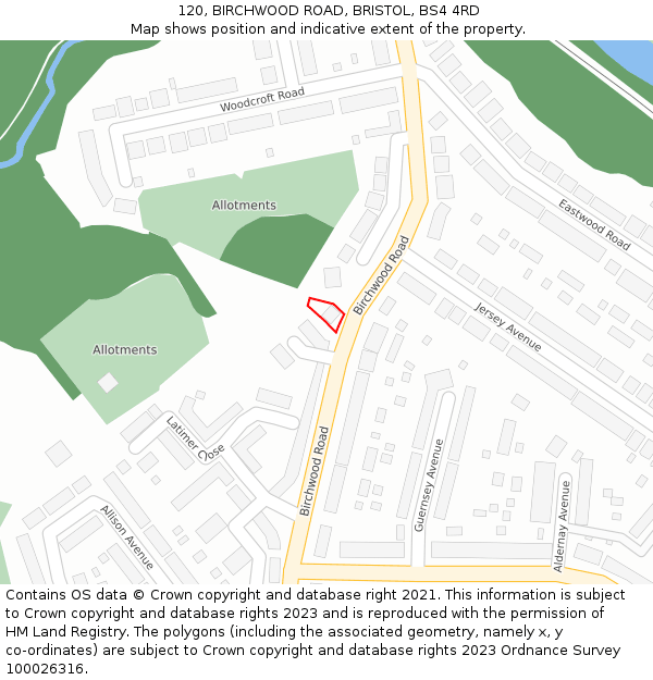 120, BIRCHWOOD ROAD, BRISTOL, BS4 4RD: Location map and indicative extent of plot