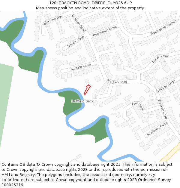 120, BRACKEN ROAD, DRIFFIELD, YO25 6UP: Location map and indicative extent of plot