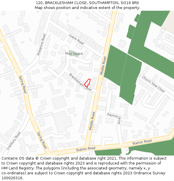 120, BRACKLESHAM CLOSE, SOUTHAMPTON, SO19 8RX: Location map and indicative extent of plot