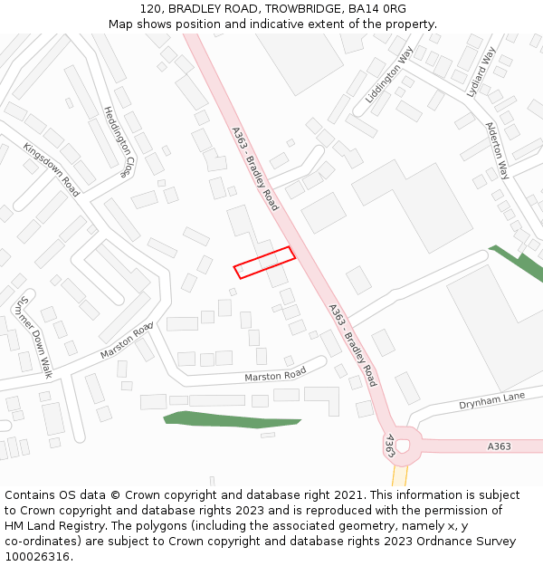 120, BRADLEY ROAD, TROWBRIDGE, BA14 0RG: Location map and indicative extent of plot