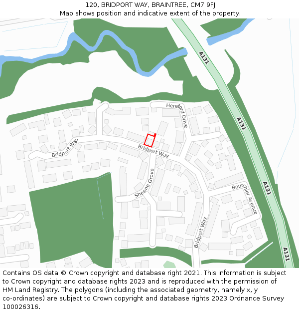 120, BRIDPORT WAY, BRAINTREE, CM7 9FJ: Location map and indicative extent of plot
