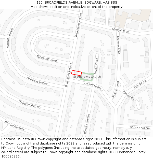 120, BROADFIELDS AVENUE, EDGWARE, HA8 8SS: Location map and indicative extent of plot