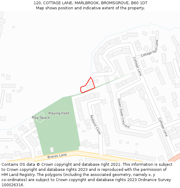 120, COTTAGE LANE, MARLBROOK, BROMSGROVE, B60 1DT: Location map and indicative extent of plot
