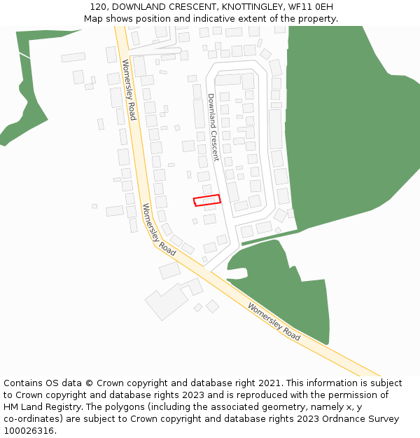 120, DOWNLAND CRESCENT, KNOTTINGLEY, WF11 0EH: Location map and indicative extent of plot