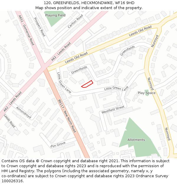 120, GREENFIELDS, HECKMONDWIKE, WF16 9HD: Location map and indicative extent of plot