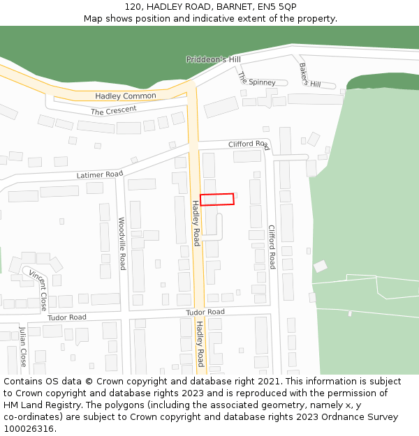 120, HADLEY ROAD, BARNET, EN5 5QP: Location map and indicative extent of plot
